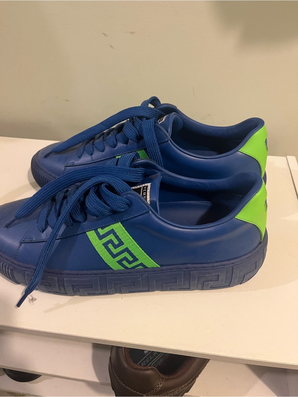 Versace Blue Leather Designer Sneakers with Neon Green Detail - Mint Condition!!